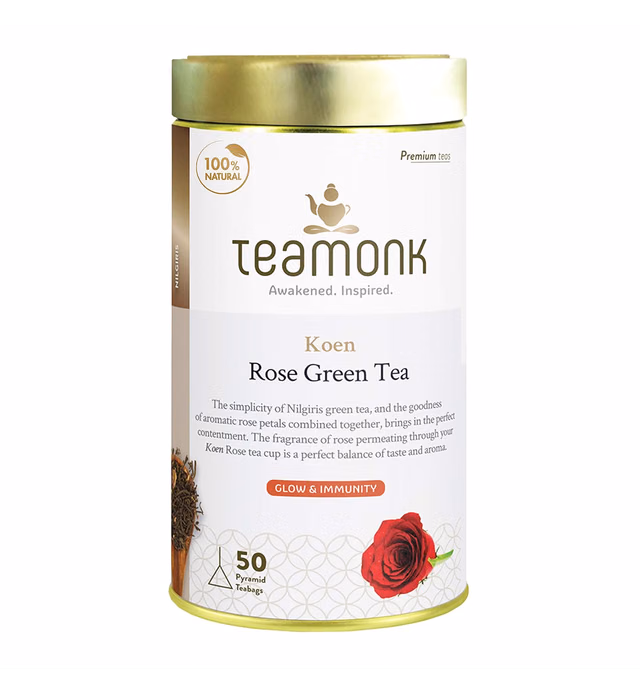 Teamonk Koen High Mountain Rose Green Tea Bags - 50 Tea Bags Filled With Whole Loose Leaves | 100% Natural Rose Tea | Rose Tea for Glowing Skin | Immunity Boosting Tea | Rose Petals Tea | No Additives