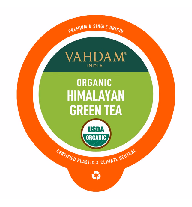 VAHDAM, Organic Himalayan Green Tea K Cup Compatible (18 Pods) USDA Organic Green Tea Pods | Med Caffeine, Smooth Flavor & Aroma | BPA Free & Recyclable Pods, Single Serve