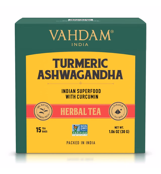 VAHDAM, Turmeric Ashwagandha Herbal Tea (15 Pyramid Tea Bags) Herbal Blend - Turmeric, Ashwagandha, Lemongrass, Black Pepper & Licorice| Herbal Tea Bags, Brew it as Hot or Iced Tea