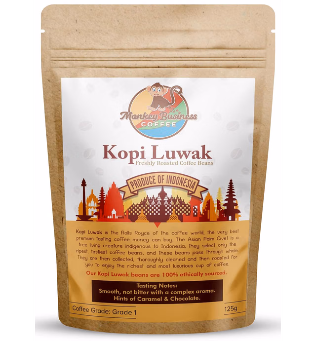 Monkey Business Coffee - Wild Kopi Luwak Coffee Ground Beans - Ethically Sourced - 125 Grams (4.4oz) Other Weights & Bean Types Available) - Produce of Indonesia