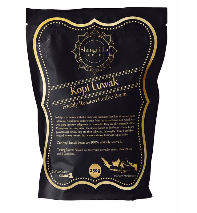 Shangri-La Coffee - Wild Kopi Luwak Coffee Whole Beans - Ethically Sourced - 250 Grams (8.8oz) (Other Weights & Bean Types Available) - Produce of Indonesia