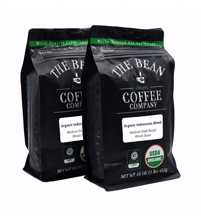 The Bean Coffee Company Organic Indonesian Blend, Medium Dark Roast, Ground, 16-Ounce Bag (Pack of 2)
