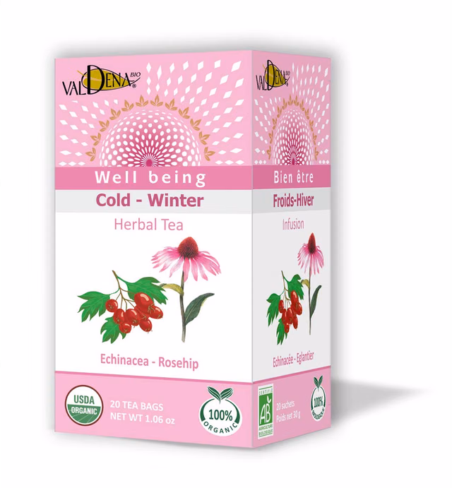 Valdena Bio Organic Echinacea Rosehip Herbal Tea Infusion (Pack of 3, total of 60 individually wrapped Tea Bags) Immunity boost, Immune support, Wellness tea, Kosher, Non-GMO