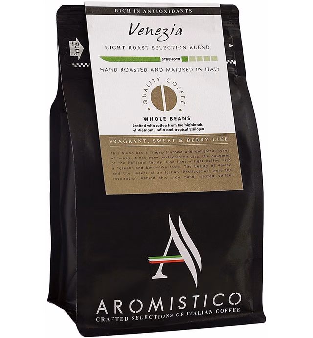 Aromistico - VENEZIA - Intense Crema Light Roast - Fragrant, Sweet & Berry-Like - Coffee BEANS - Small Batch Hand-roasted - Italian Family-Run Artisan Roastery - Vietnam, India & Ethiopia Blend