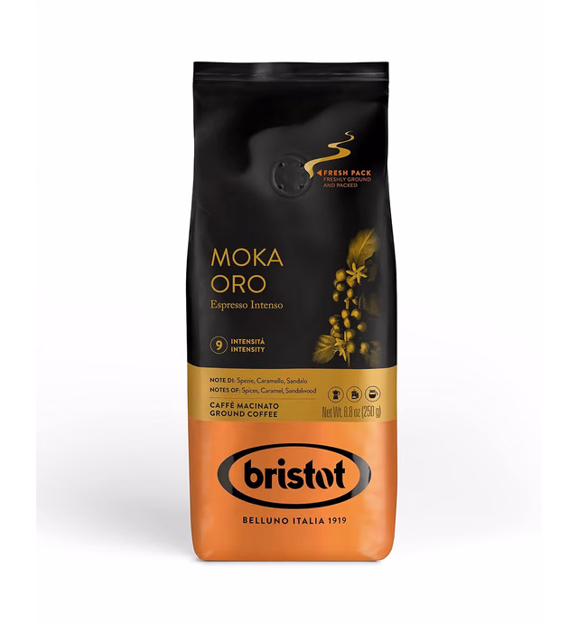 Bristot Moka Oro Ground Coffee | Italian Ground Espresso | Medium Roast | For Moka, French Press, Pour Over | 8.8oz/250g