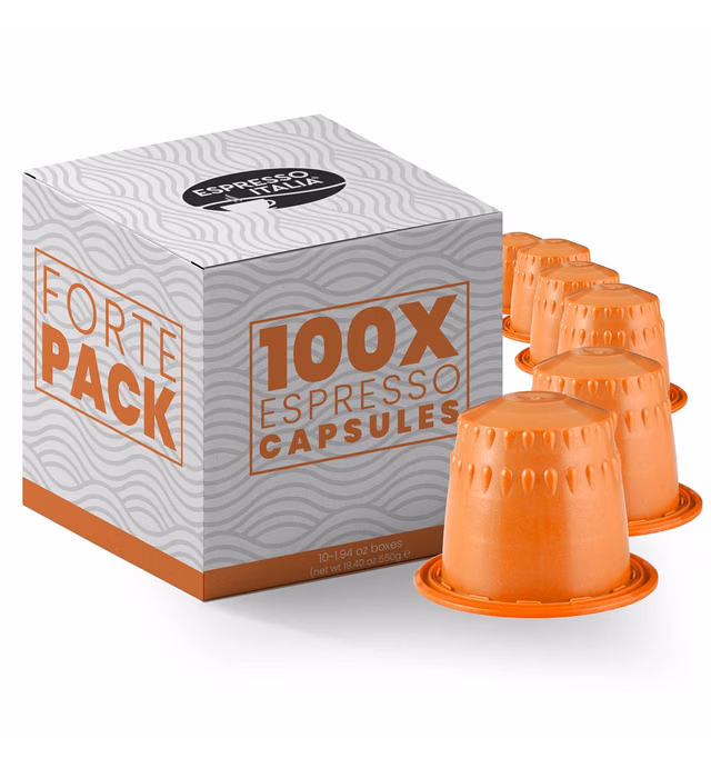 100 pods Espresso Italia FORTE Coffee pods for Nespresso Original Line machines certified compatible with genuine Nespresso Original. Ultra Strong intensity, gourmet coffee