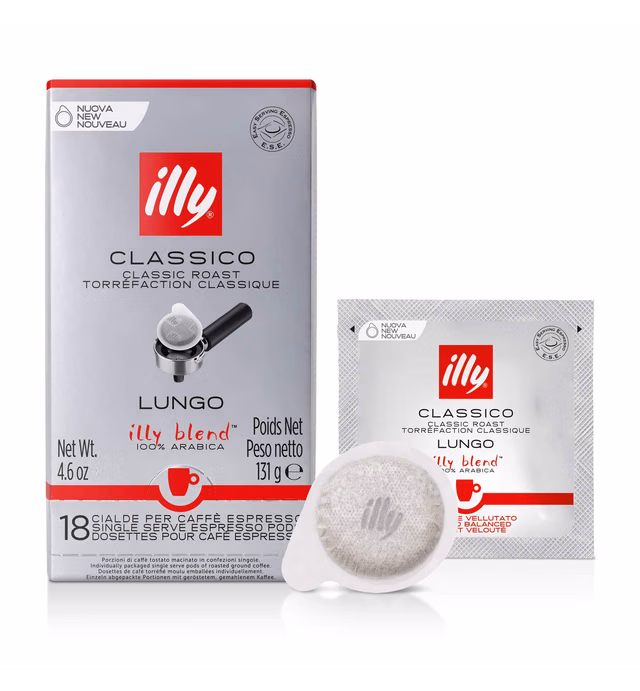 Illy Coffee E.S.E. Pods, Signature Italian Blend, Classico Lungo Medium Roast with Notes of Chocolate & Caramel, 100% Arabica Coffee, 18 Count (Pack of 1)