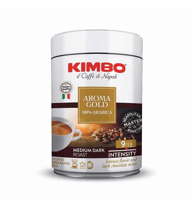 Kimbo Espresso Aroma Gold 100% Arabica Ground Coffee - Blended and Roasted in Italy - Medium to Dark Roast with a Rich Dark Chocolate Flavor - 8.8 oz Can