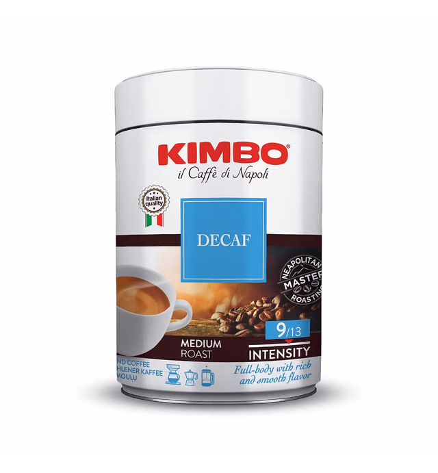 Kimbo Espresso Decaffeinato Ground Coffee - Blended and Roasted in Italy - Medium Roast with a Full-body Rich and Smooth Flavor - 8.8 oz Can