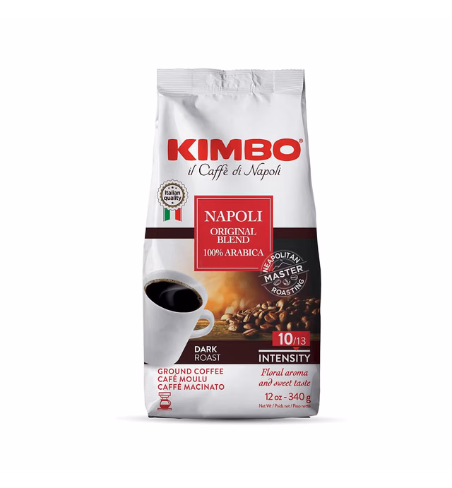 Kimbo Napoli 100% Arabica Ground Coffee - Blended and Roasted in Italy - A Dark Roast with a Floral and Sweet Flavor - 12 oz Bag
