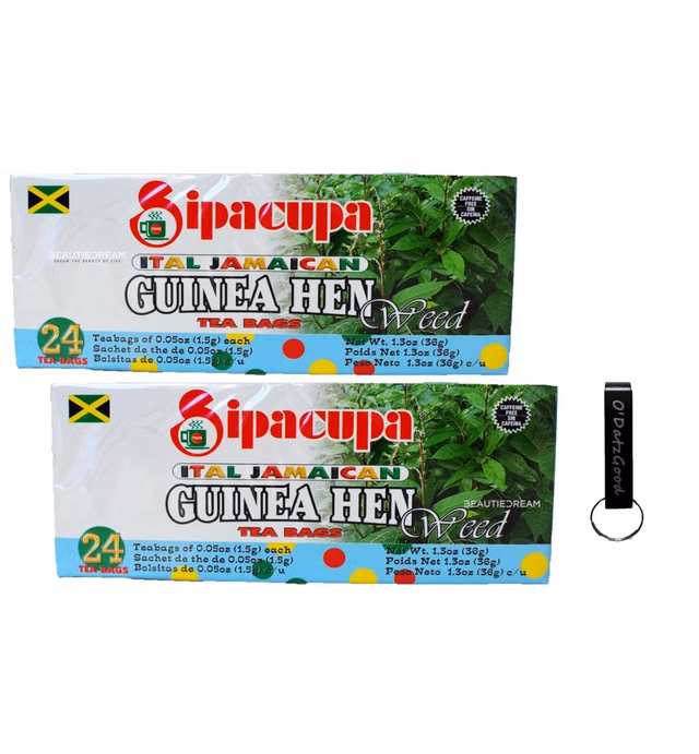 Sipacupa Ital Jamaican Guinea Hen Weed (Anamu Tea) 24 Tea Bags Pack of 2 Sealed with ODatzGood Keychain Bottle Opener (Pack of 2)