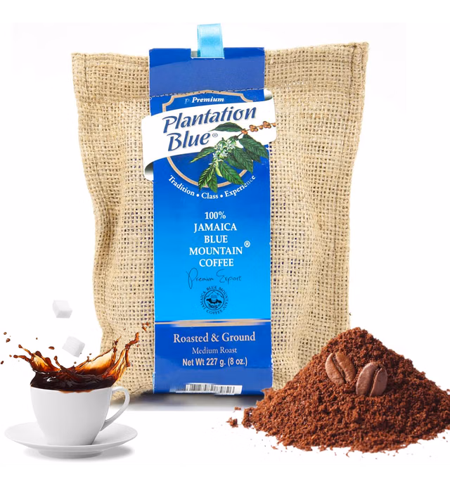 Plantation Blue 100% Blue Mountain Coffee from Jamaica, Medium Roasted and GROUND (8oz)