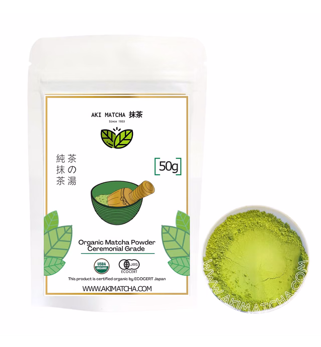 AKI MATCHA - Organic Matcha Green Tea Powder | Made in Japan | USDA, JAS Certified Organic | Spring Harvest Ceremonial Grade Matcha | Umami, bold, rich matcha, with a sweet aftertaste and no hint of bitterness | Perfect for Tea ceremony or high quality matcha latte drinks | Size 50g (25 servings)