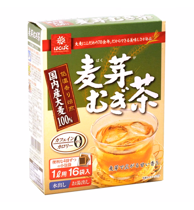 Hakubaku Japanese Barley tea (Mugicha), 16 bags with sprouted barley (Bakuga), No Caffiene, No calories