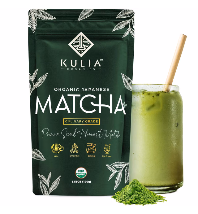 Kulia Organic Matcha Powder (100g) - Culinary Grade Matcha Green Tea Powder - Authentic Japanese Organic Matcha Green Tea Powder - Matcha Powder with Recipe E-Book and Bamboo Straws - Zero Sugar, Vegan & Low Calories