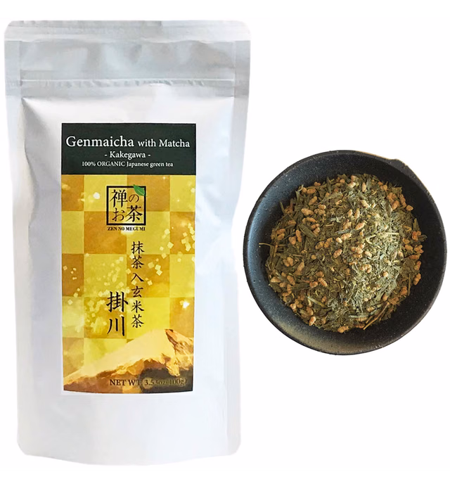 Zen no Megumi Organic Japanese Genmaicha with Matcha leaves green tea Kakegawa Made in Shizuoka Japan (3.53oz (100g))