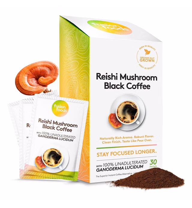Reishi Mushroom Black Coffee by fusion foods™ | Stay Focus Longer, Zero Jitters & Immune Support with All Natural Unadulterated Reishi Mushroom Ganoderma | Robust Aroma & Taste - 30 counts