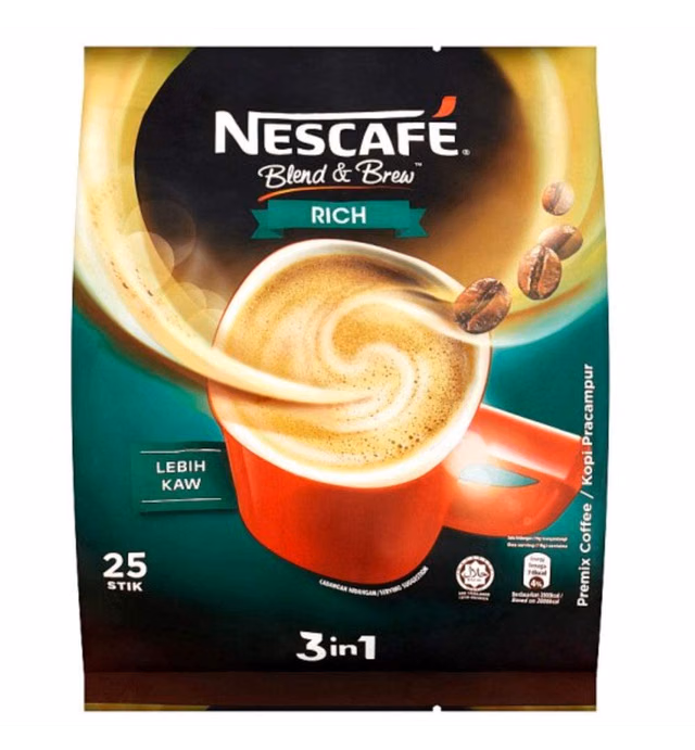 4 PACK - Nescafé 3 in 1 RICH Instant Coffee (100 Sticks TOTAL) Made from Premium Quality Beans Offers a Relaxing Flavor But with Strong, Solid Essence and Aroma Has a Richer Taste than Nescafé 3 in 1 Original Serve Hot or Cold From Nestlé Malaysia