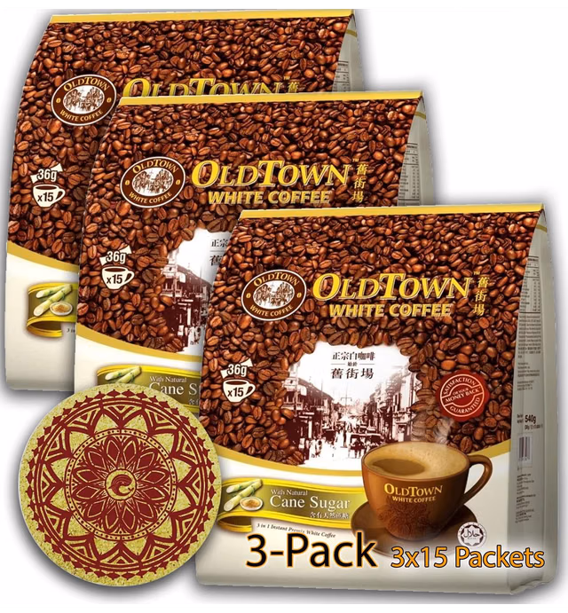 (3 Pack - Cane Sugar) OLD TOWN (3 in 1) Coffee Asian Instant Coffee WHALEVER Eco Friendly Cork Coaster Package, oldtown Coffee 45 Instant Coffee Packets