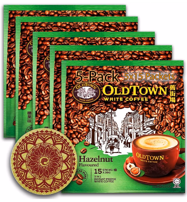 (5-Pack - Hazelnut) OLD TOWN (3 in 1) Hazelnut White Coffee Asian Instant Coffee Coffee Lover Package with a Eco Friendly Cork Coaster Coffee Lover Whalever Package, oldtown White Coffee 75 Packets