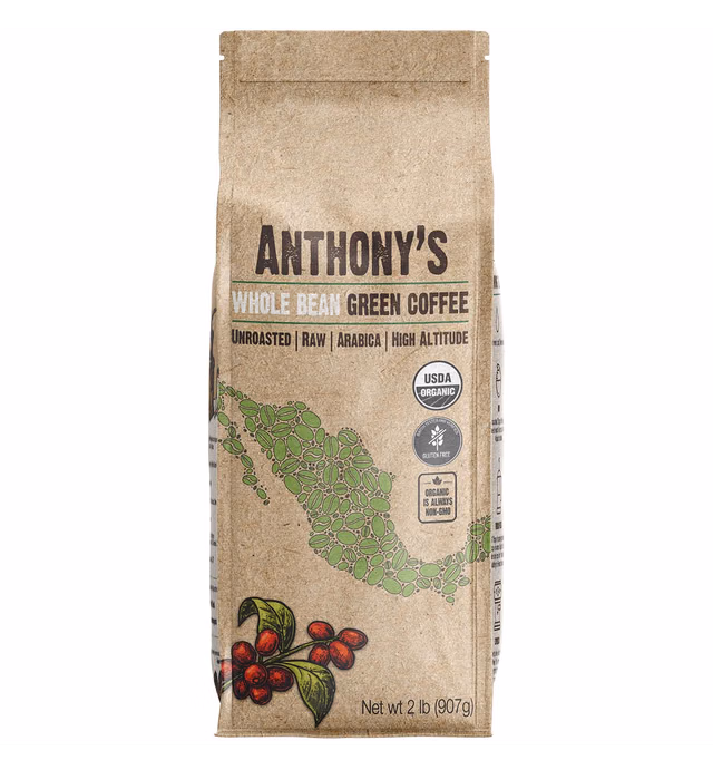 Anthony's Organic Unroasted Whole Green Coffee Beans, 2lbs, Mexican Altura Arabica Beans, Raw, Batch Tested and Gluten Free