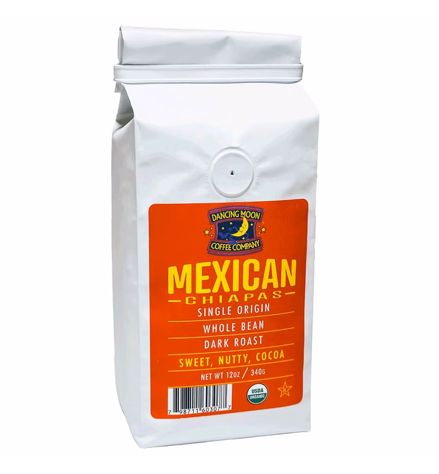 12 Oz. Dancing Moon Dark Roast, Mexican Chiapas Organic Whole Bean Coffee