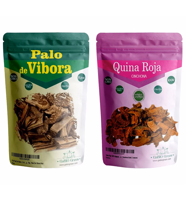 Palo De Víbora (2 oz) Quina Roja (2oz) | Árbol De la Víbora & Red Cinchona Bark | Palo De Víbora Raiz & Quina Roja Bark Tea, Gluten-Free, Non-GMO, Natural Herb by Gabio Green, Resealable Bag(2 Pack)