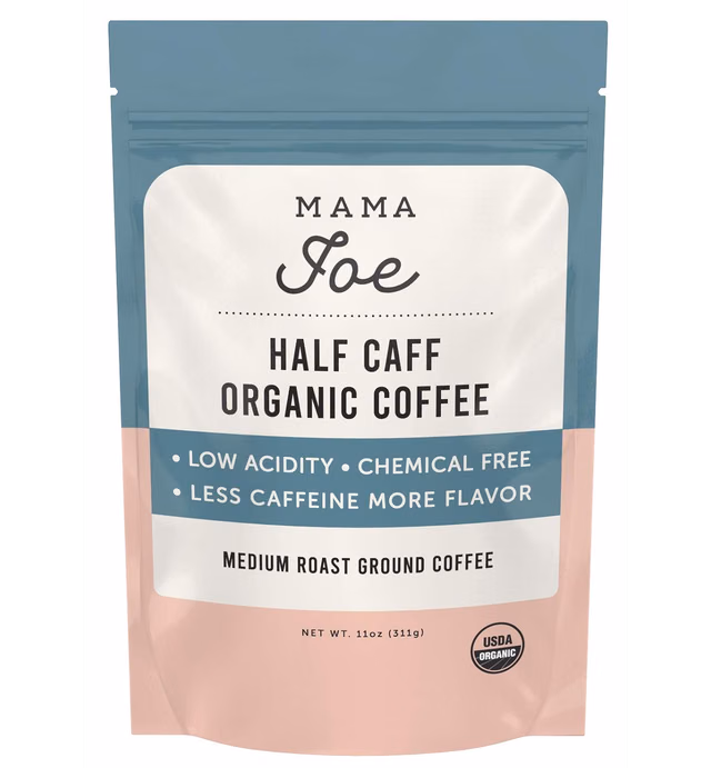 Mama Joe Organic Half Caff Coffee [Ground] - Low Acid, Low Caffeine Coffee for Pregnancy - Naturally Decaffeinated Using Mountain Water