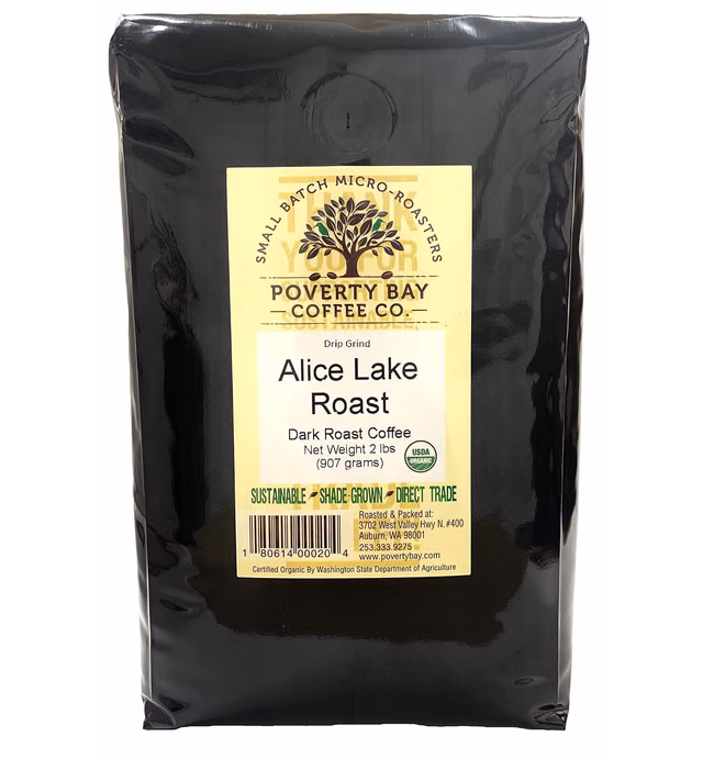 Dark Roast Ground Coffee Beans - Ground Coffee - Alice Lake Organic Coffee Beans, Freshly Roasted by Poverty Bay Coffee Company, 2lb Bag of Dark Coffee