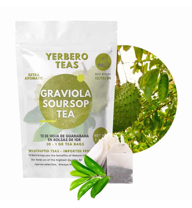 Yerbero - Pure Graviola Soursop Leaf Tea 30 Tea Bags 1gr (0.03oz) - Net WT 30gr (1.3oz) | Hoja Guanabana | Annona muricata | Sweet Delicious Tea | Enjoy Hot or Cold Crafted By Nature 100% All Natural Fresh Tea | Non-GMO.