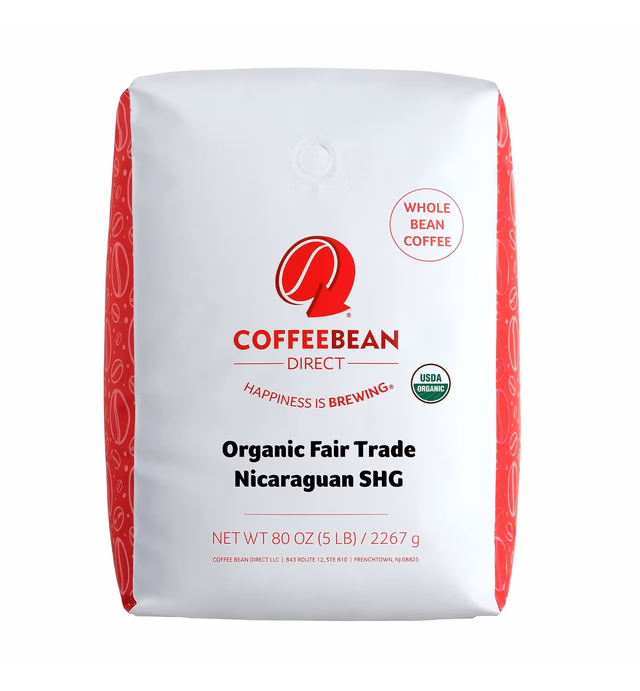Coffee Bean Direct Organic Fair Trade Nicaraguan SHG, Whole Bean Coffee, 5 Pound Bag