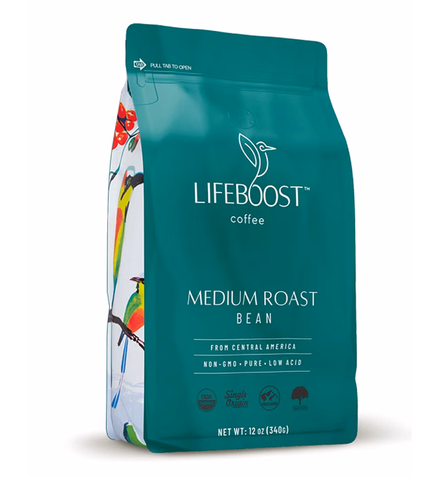 Lifeboost Coffee Whole Bean Medium Roast Coffee - Low Acid Single Origin USDA Organic Coffee - Non-GMO Whole Beans Coffee Third Party Tested For Mycotoxins & Pesticides - 12 Ounces