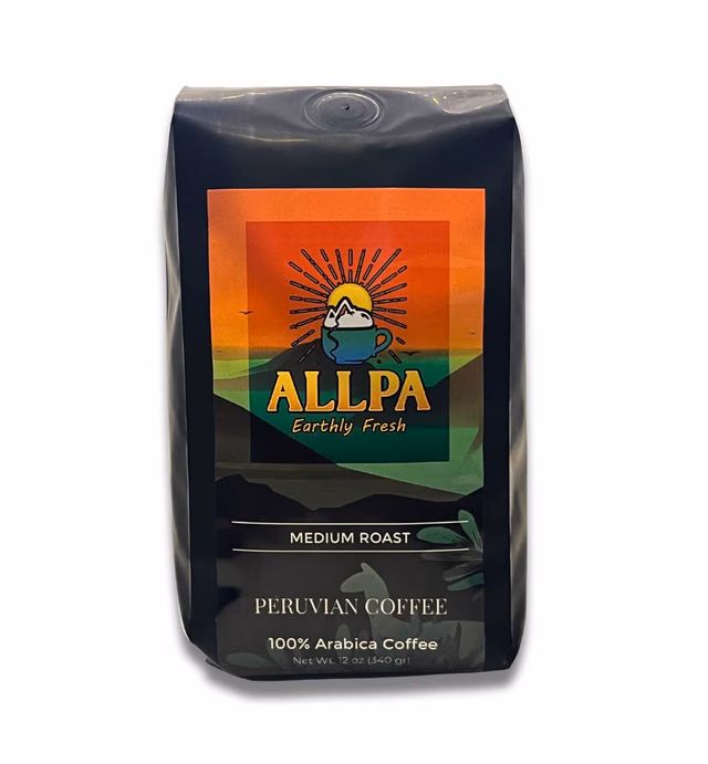 Allpa Peruvian Coffee 12 oz, Whole Bean Coffee, Medium Roast Peruvian Beans, Black Peruvian Coffee, Cafe Peruano, All Natural Peruvian Coffee, Product of Peru