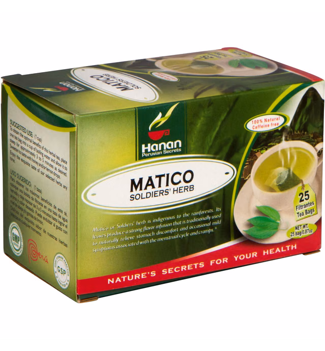 Hanan Matico Tea (Soldier's Herb) - 25 Tea Bags of All Natural Matico Herb Leaves from Peru - Soothing Herbal Tea from Peru (Piper aduncum a.k.a. Spiked Pepper, Hierba del Soldado, Achotlin, Cordoncillo, Higuillo de Hoja Menuda)