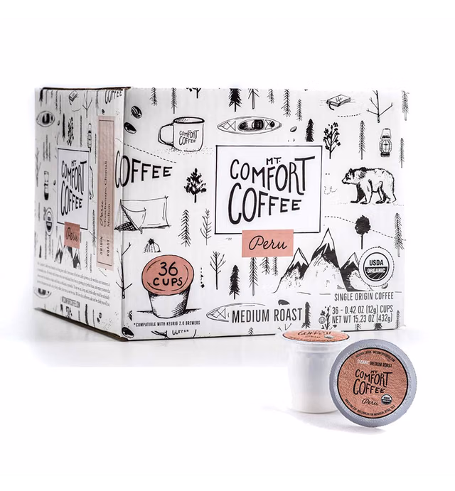 Mt. Comfort Coffee Organic Peru Medium Roast, 36 Count Coffee Pods - K-Cup Compatible Including 2.0 - Roasted Ground Coffee