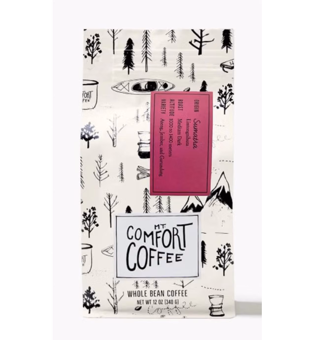 Mt. Comfort Coffee Sumatra Medium Dark Roast, 12 oz Bag - Flavor Notes of Butterscotch & Chocolate - Roasted Whole Beans