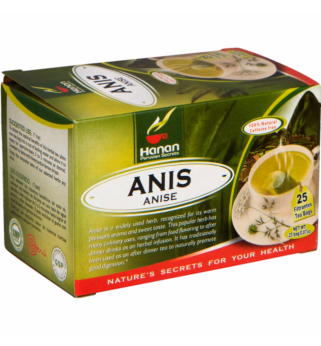 Hanan Anise Tea (Te de Anis) - 25 Tea Bags - All Natural Anise Herb in Filtered Teabags - Herbal Tea from Peru for Pleasant Aroma and Taste, Cooking, Digestion
