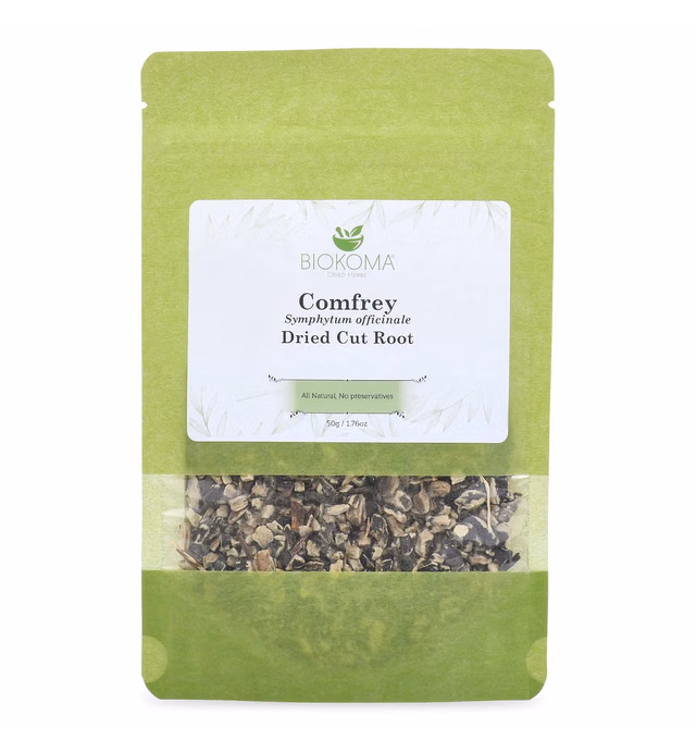 Pure and Natural Biokoma Comfrey Dried Cut Root 50g (1.76oz) in Resealable Moisture Proof Pouch