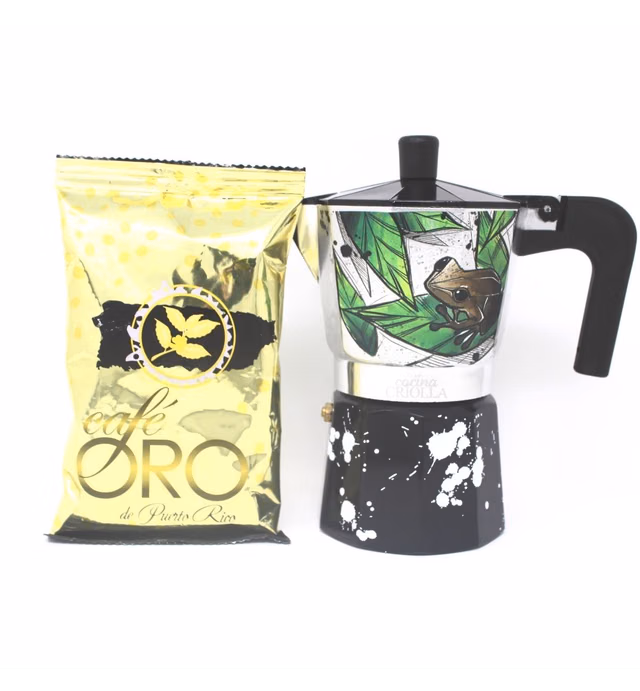 Affinity Foods Puerto Rican Artists Edition Espresso Maker Aluminum StoveTop 6 Cup Coffee Maker with 4oz Cafe Oro Ground Coffee Sample (Maga Flower/Coqui)