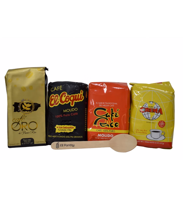 Deluxe Puerto Rican Coffee Selection Box | Premium Pack of 4 - 14oz Assorted Ground Coffee | Cafe Crema, Cafe Oro, Cafe Rico, Cafe El Coqui | Includes El Pantry Coffee Wooden Spoon