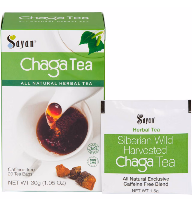 Sayan Siberian Chaga Mushroom Tea Organic Antioxidant Caffeine Free, Raw and Extract Blend, No Fillers Unbleached 20 Bag, Wild Harvested for Focus Concentration Energy Boost and Immune Support, Detox