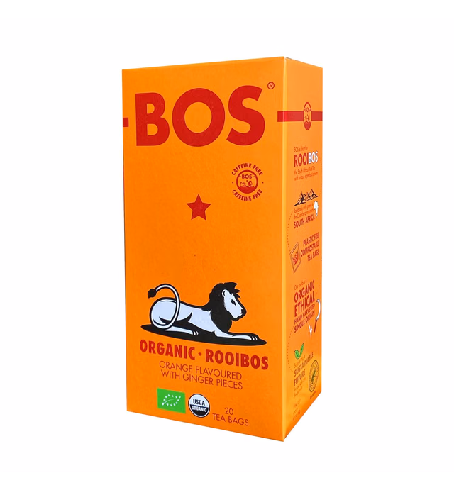 BOS Flavored Rooibos Tea Teabags - Rainforest Alliance Certified & Organic - Caffeine-Free South African Red Bush Herbal Tagless Teabags - Happiness has a Flavor (Orange & Ginger, 20 bags)