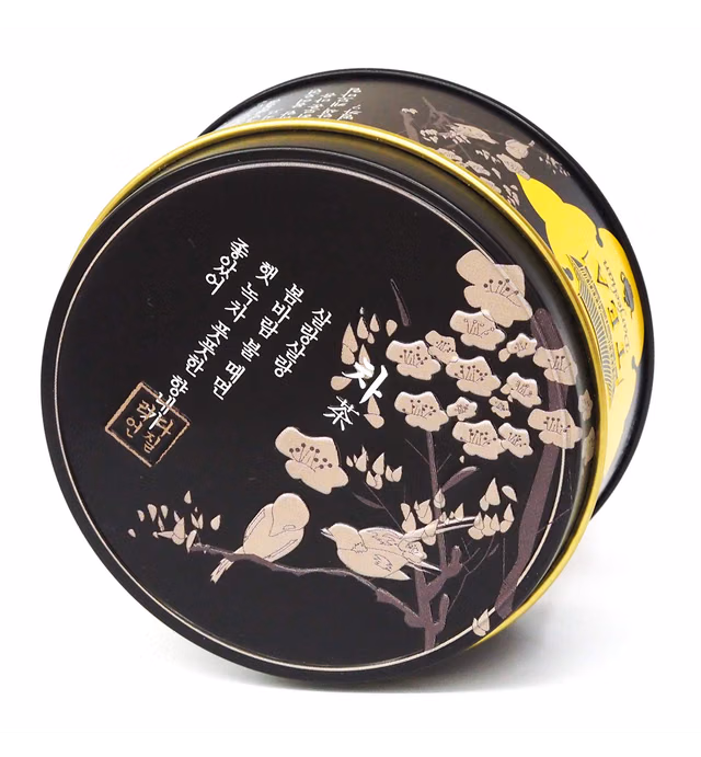 Darjeelian, Earl Grey, Curio Earl Grey Superior Flavored black tea loose leaf Caffeinated 1.1 oz Product of Korea, A tin packaged in individual gift box with traditional Korean drawings illustration