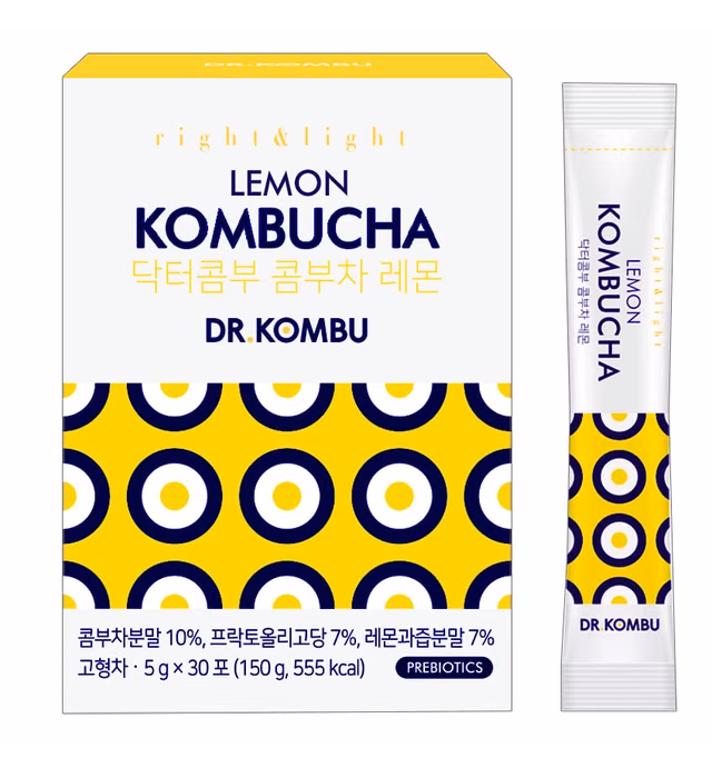 KOMBUCHA Lemon Kombucha Tea, 30 sticks x 5 grams, Zero Sugar, Sparkling Fermented Powdered Mix, Live Probiotics & Prebiotics, Healthy Drinks, Product of Korea