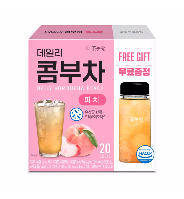 KAYFOOD Daily Kombucha Powder Tea 5g x 20 sticks (100g/3.52oz) with Bottle Sugar Free Diet Tea (Peach Bottle Set)