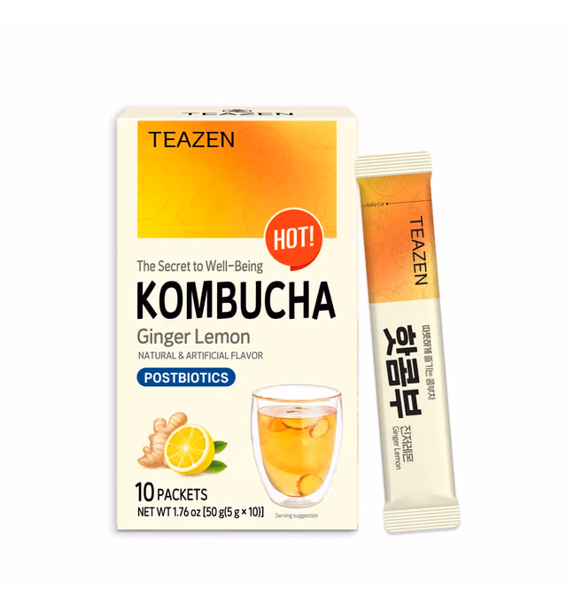 TEAZEN Lemon Ginger Hot Kombucha Tea, Live Probiotics & Postbiotics, Relaxation and Warmth for Colds and Sore Throat, Zero Sugar, Low Caffeine, Fermented Kombucha Powder from Korea, 10 Sticks, 1.76oz