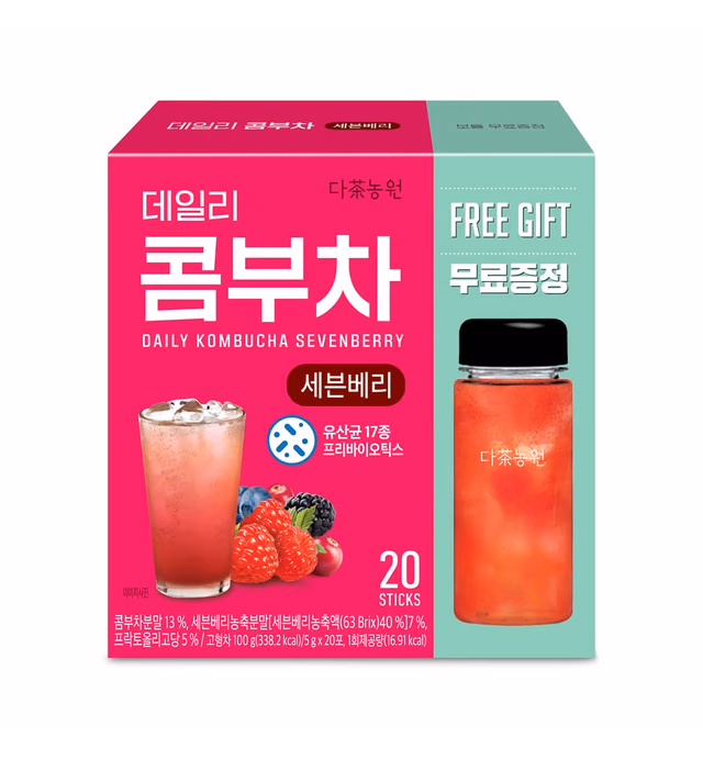 Garden Kombucha Tea, Sevenberry Flavor, 20 Sticks Probiotics, Prebiotics, Fat Free, Sugar Free, Diet Tea, Easy to Carry, Healthy Drink with Bottle (FREE BOTTLE SHAKER)