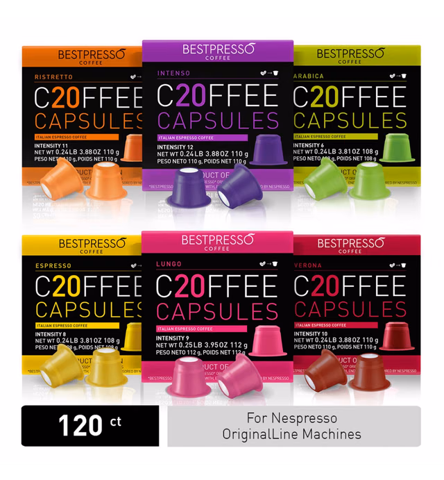Bestpresso Coffee for Nespresso Original Machine 120 pods Certified Genuine Espresso Variety Pack Pods Compatible with Nespresso Original