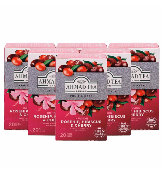 Ahmad Tea Rosehip & Cherry Infusion, 20-Count Tea Bags, Rosehip, Hibiscus & Cherry , 1.4 Oz, (Pack of 6)