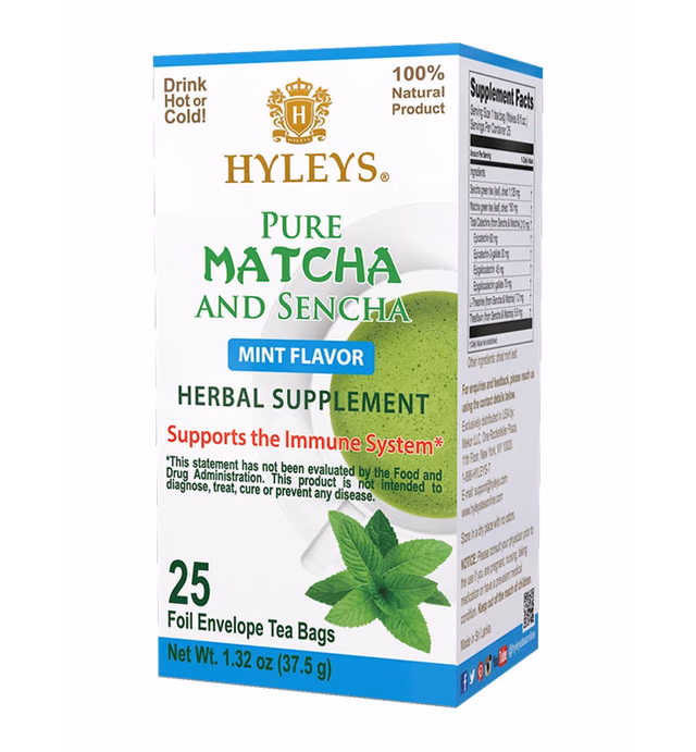 Hyleys Matcha Tea Bags with Mint - 25 Tea Bags (Japanese Pure Matcha Wellness Green Tea)